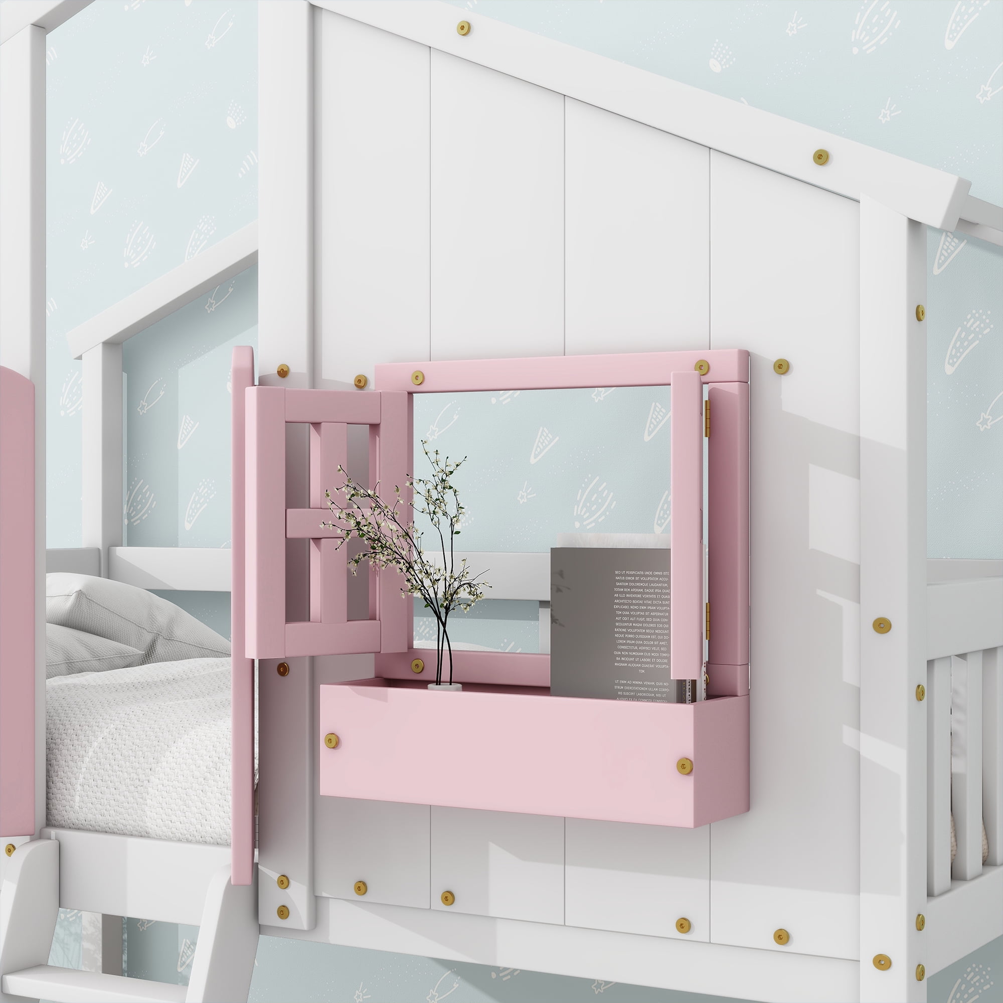 Sailvan Twin over Twin House Bunk Bed with Roof and Window, Low Height Safety Design Pink&White