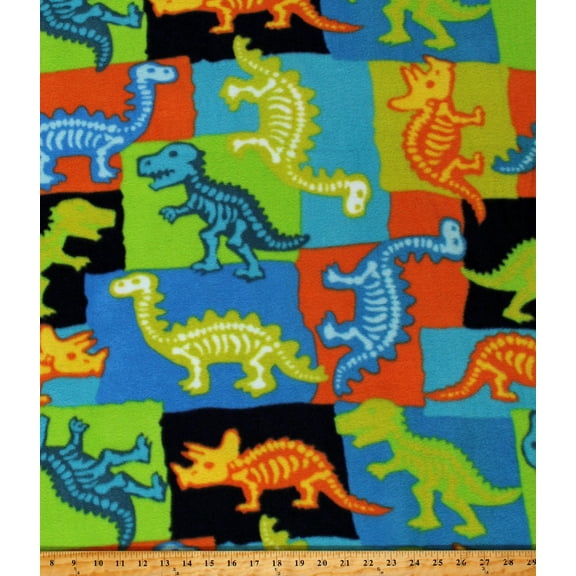Fleece Dinosaurs Fossils Skeletons T-Rex Triceratops Jurassic Animals Squares Blocks Kids Multi-Color Fleece Fabric Print by the Yard (A327.21)