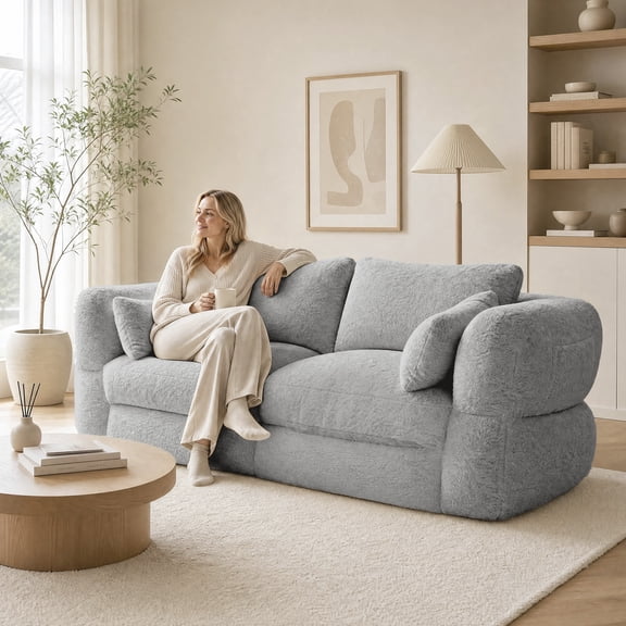ANPOO 81.3" Boneless Loveseat Sofa Cloud Couch with Deep Seat, Modern Oversized Velvet Compressed Sofa Couch with 4 Pillows & Side Pockets, Upholstered Boneless Couches for Living Room, Gray