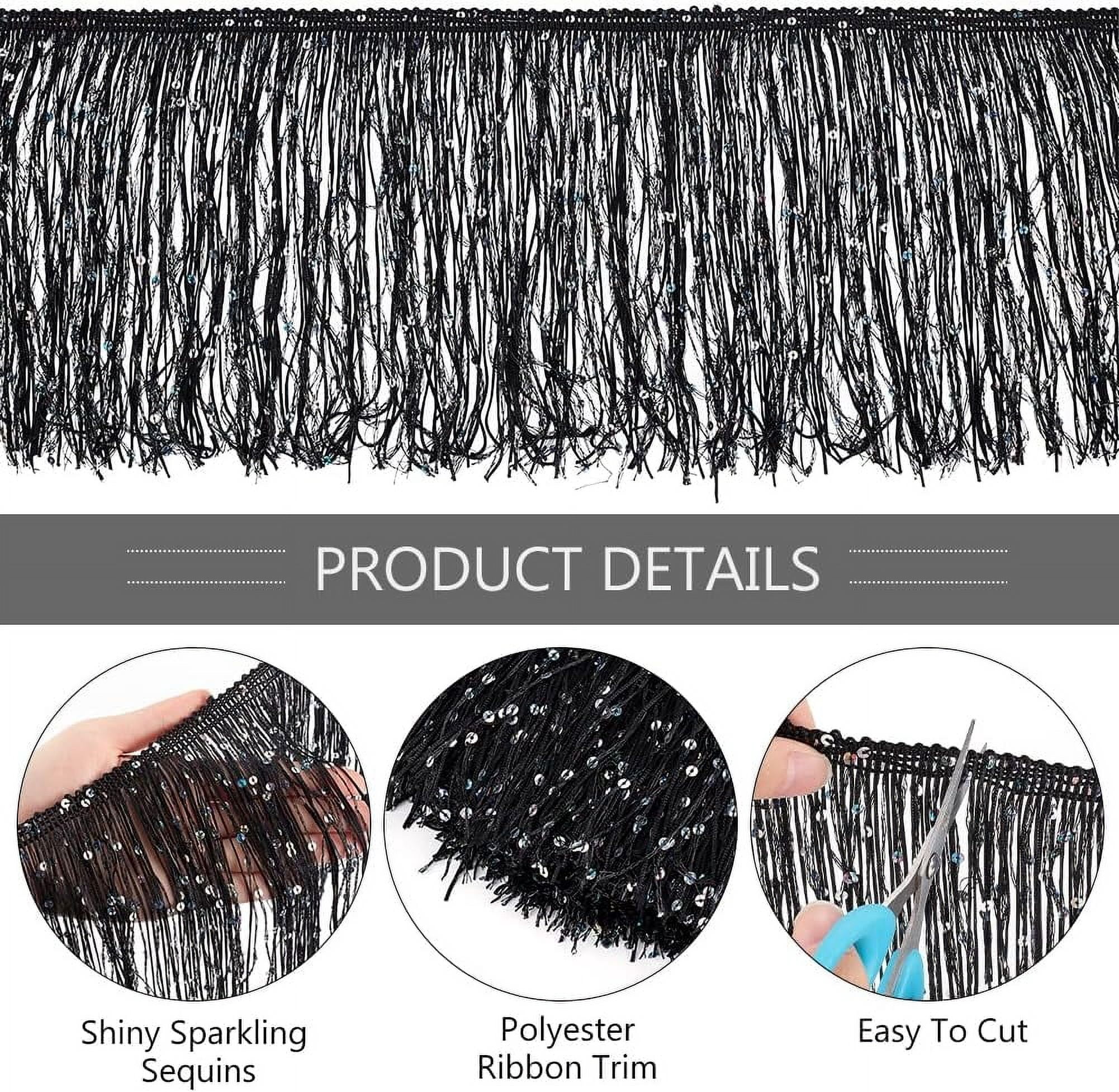 5M Paillette Tassel Polyester Ribbon Trim Clothes Accessories Black 7-7/8 inch(200mm) about 5.47 Yards(5m)/Bag