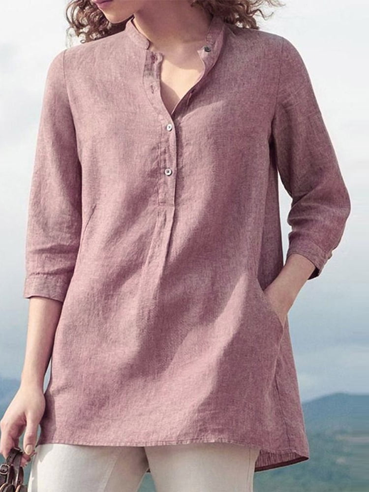 ZANZEA Women Buttons V Neck Lace Detail Shirt Tops Loose Plain Solid Blouse Plus
