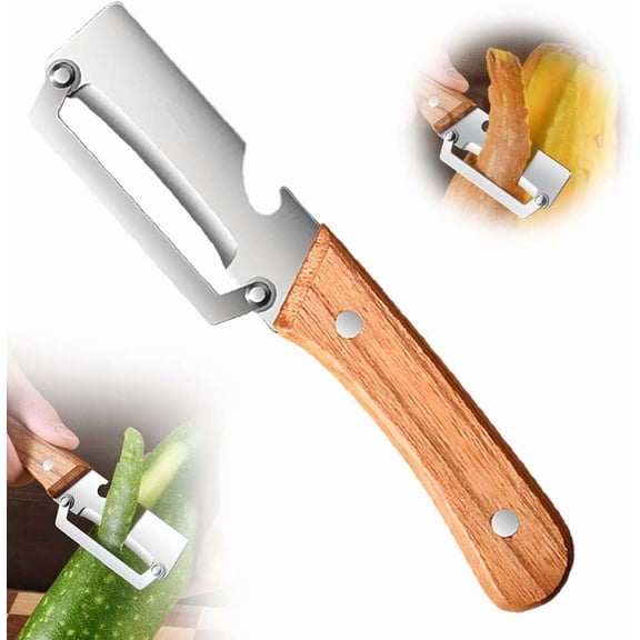 1 Pcs Multi-Functional Vegetable Peeler for Kitchen, Stainless Steel Blade with Wooden Handle, Built-in Bottle Opener, Swivel Peeler for Potato, Fruit