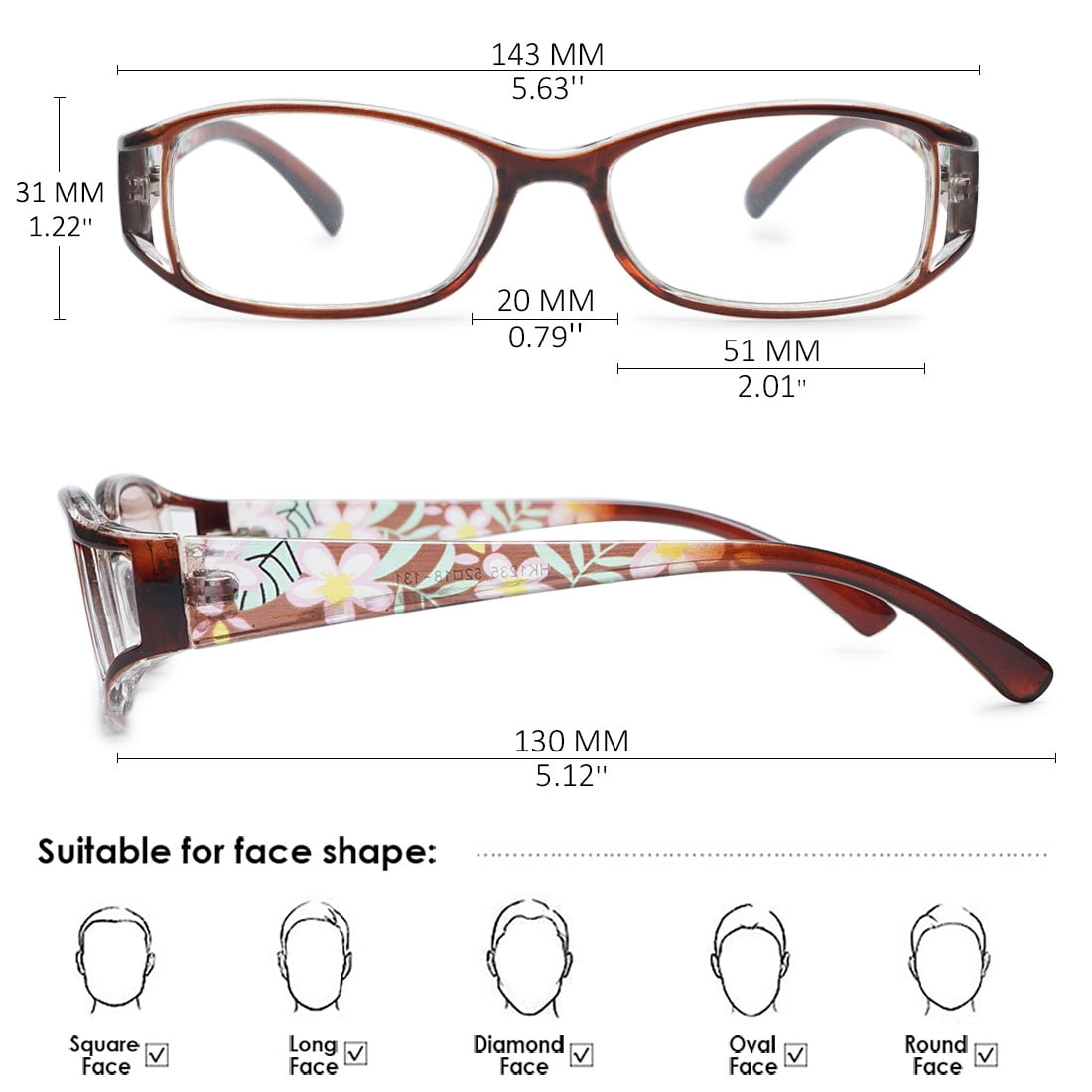 KOOSUFA Womens Floral Color Reading Glasses 3.25 Quality Rectangle Readers Eyeglasses Eyewear Brown
