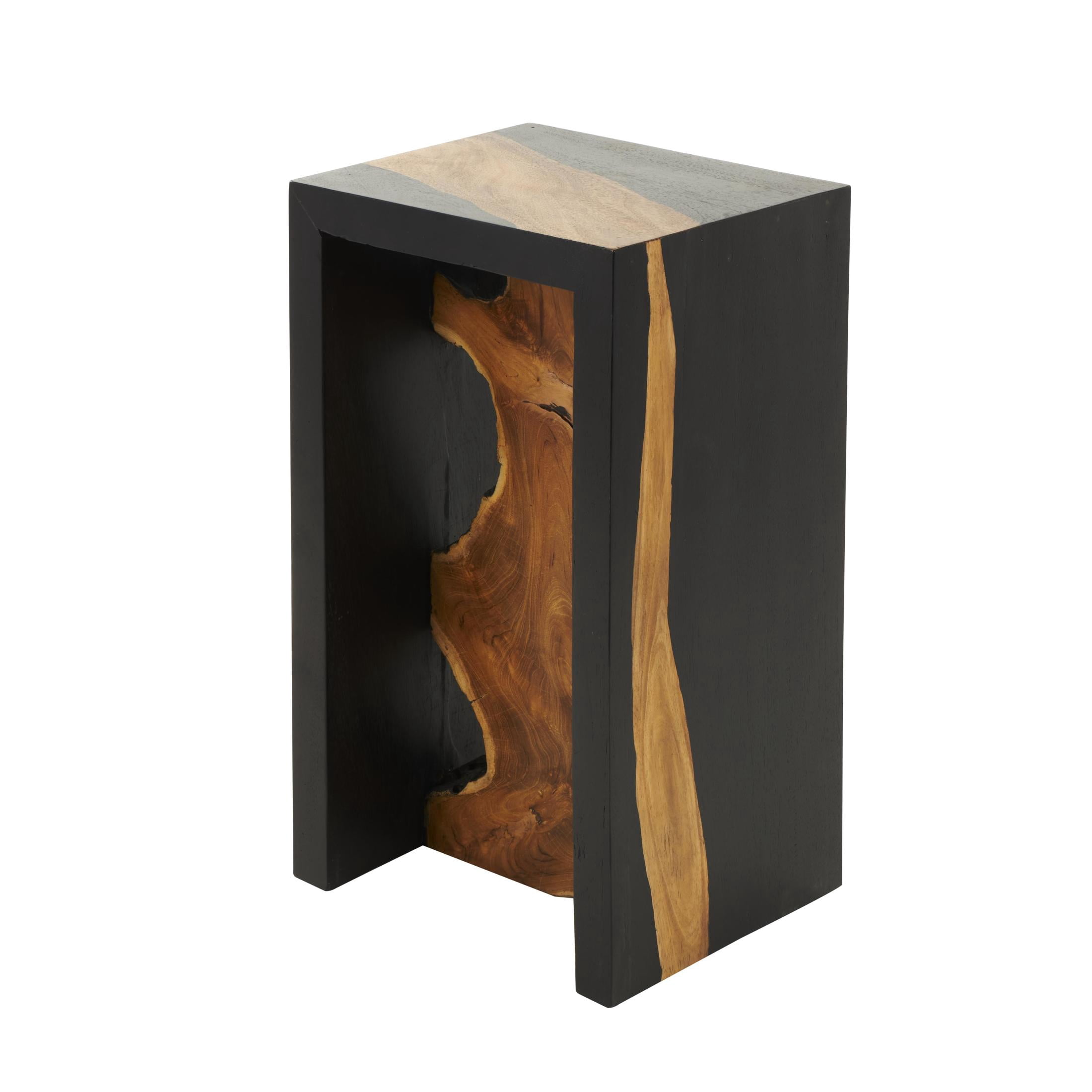 DecMode 14" x 24" Black Wood Handmade Block Accent Table with Brown Live Edge Wood Interior, 1-Piece