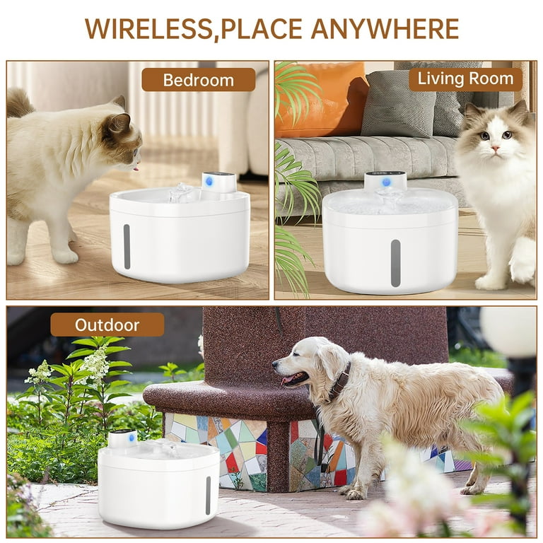 Wireless Cat Water Fountain 89oz 2.6L Battery Operated Cat Fountain with Water Level Window Cordless Pet Water Fountain for Cats Dogs with 3