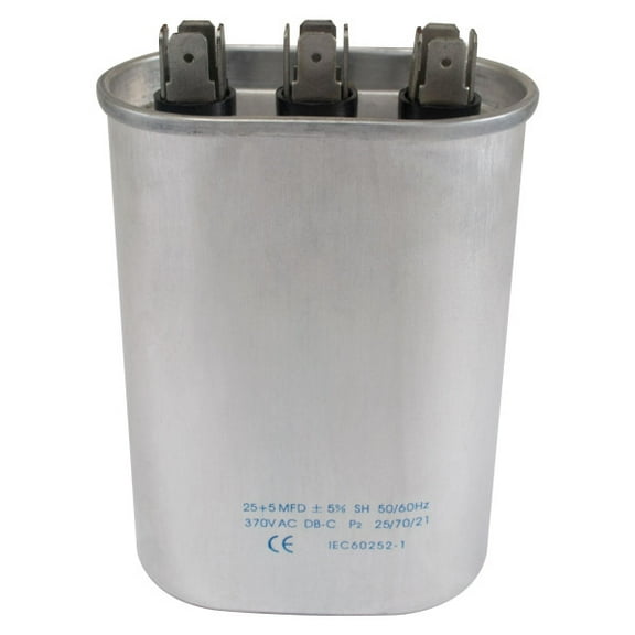 Appli Parts Dual Run Capacitor for ac 25 5 Mfd uF (microfarads) 370VAC CBB65 Oval Universal fit for hvac and other applications 2-3/4 in Wide 1-3/4 in Depth 4-1/8 Height CON-25/5-370
