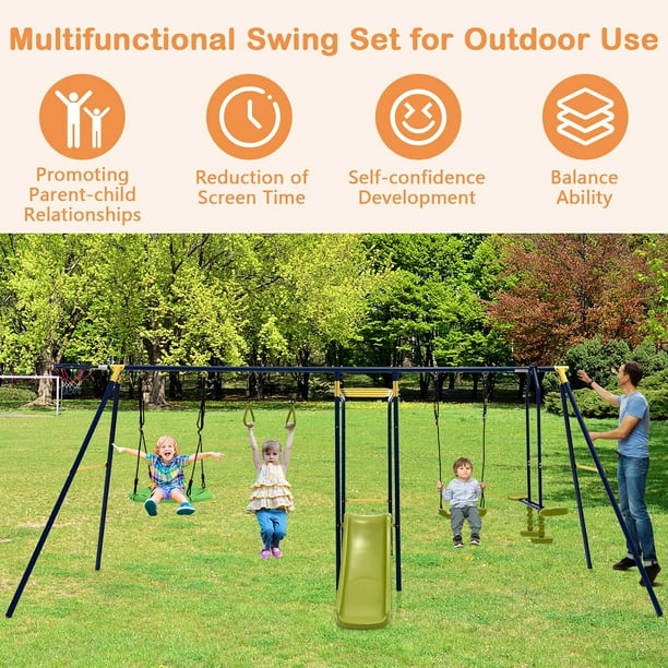Gymax 660 lbs Kids Metal Swing Set for Backyard 7-in-1