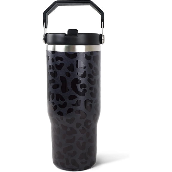 30oz Black Leopard Tumbler with Handle and Straw, Stainless Steel Vacuum Insulated Coffee Tumbler, Travel Mug Water Bottle, Leopard Stuff Accessories Decor, Leopard Gifts for Women