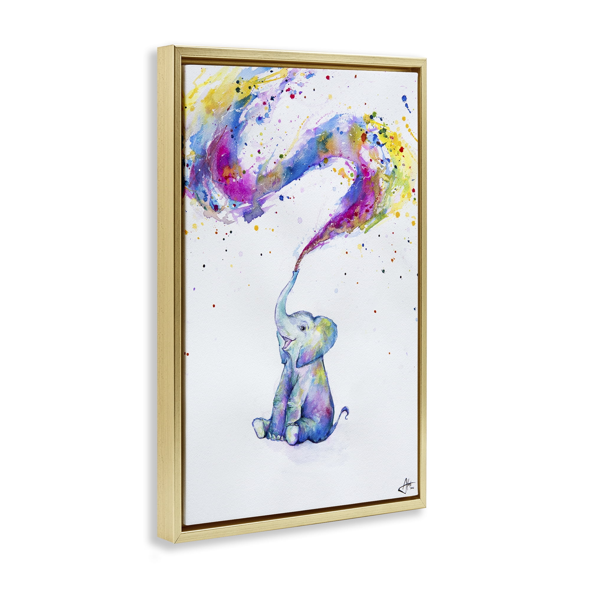 Stupell Industries Spring Elephant & Paint Splatter Gold Framed Floater Canvas Wall Art, design by Marc Allante