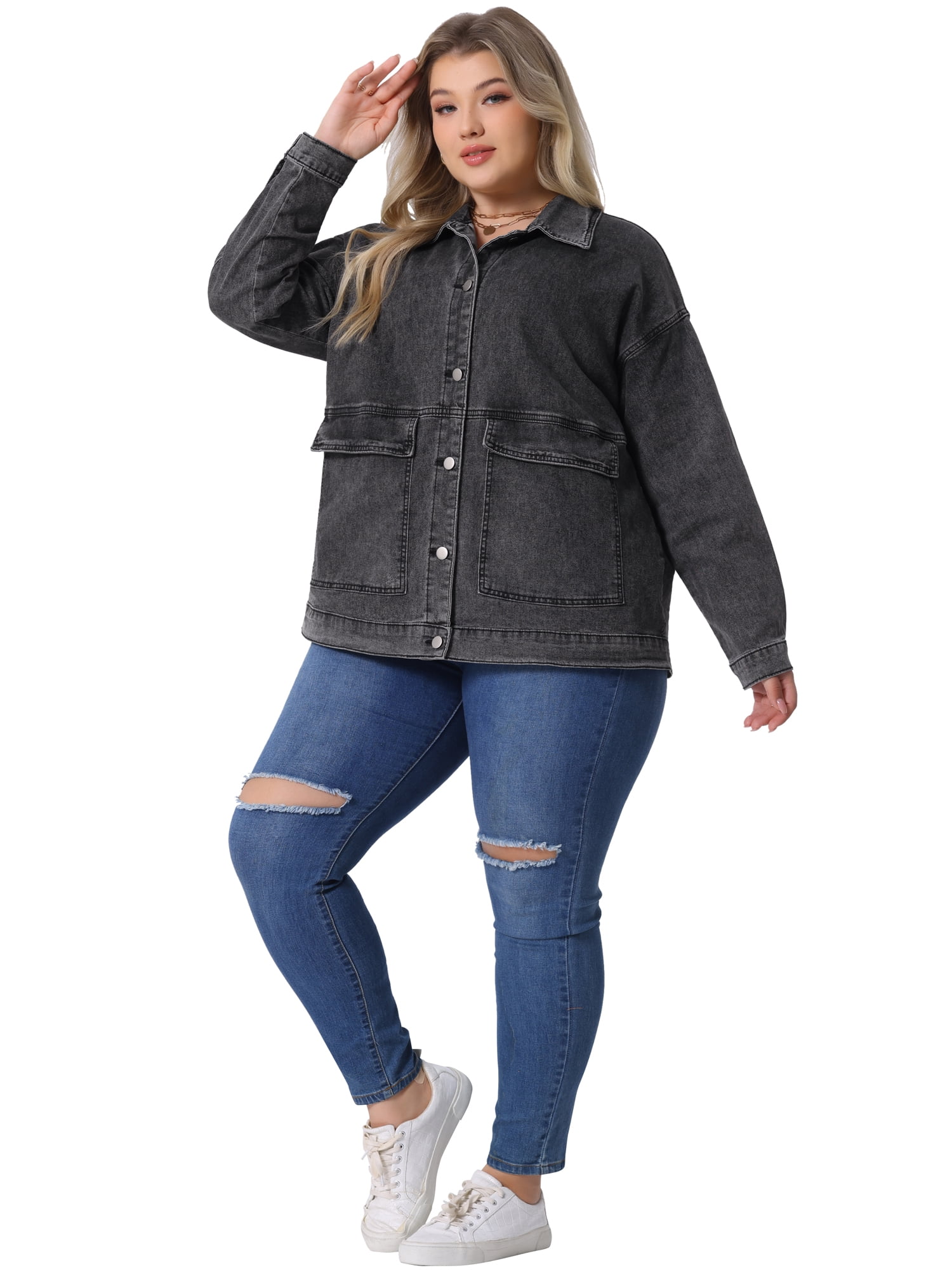 DARING DIVA Women's Plus Long Sleeve Vintage Denim Jacket 2X Dark Gray