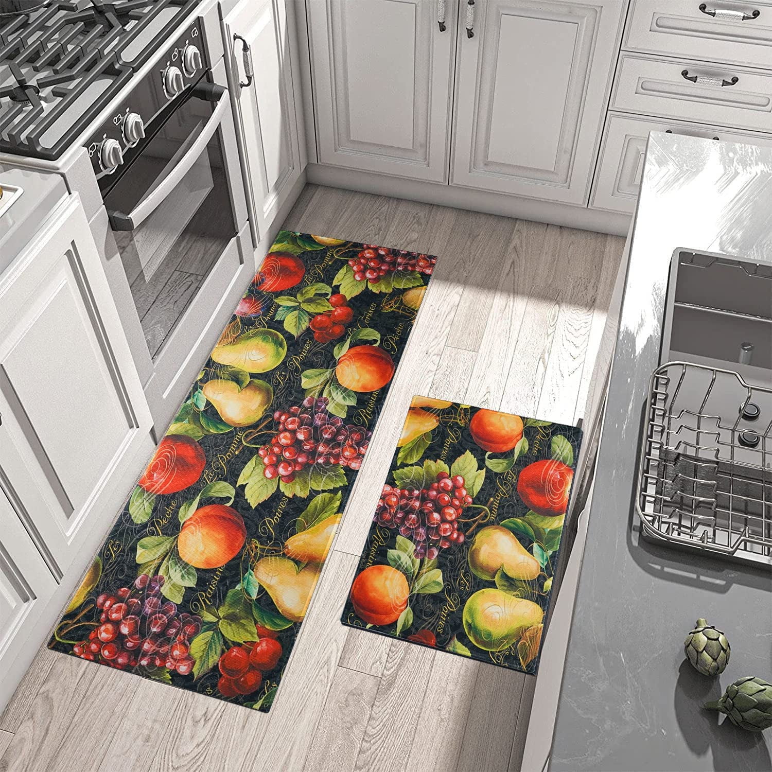 Fall Fruit Kitchen Rugs Set 2 Piece Vintage Black Farmhouse Decorative Rug Runner for Kitchen Low-Profile Floor Mats Decorations for Home Kitchen (17"x48"+17"x30")