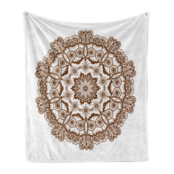 Brown Mandala Soft Flannel Fleece Throw Blanket, Monochrome Inspired Round Form Mandala with Circles and Flowers, Cozy Plush for Indoor and Outdoor Use, 50" x 70", Chocolate and White, by Ambesonne