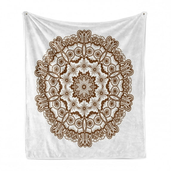 Brown Mandala Soft Flannel Fleece Throw Blanket, Monochrome Inspired Round Form Mandala with Circles and Flowers, Cozy Plush for Indoor and Outdoor Use, 50" x 70", Chocolate and White, by Ambesonne
