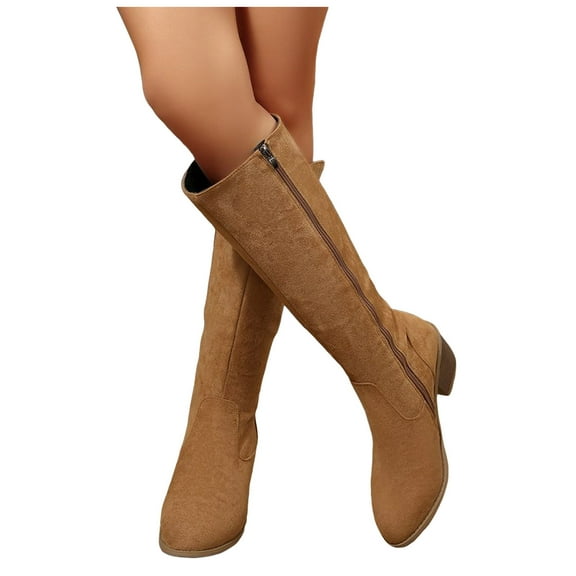 Over the Knee High Boots for Women Suede Round Toe Chunky Stacked Heel Zipper Fall Winter Dress Tall Booties