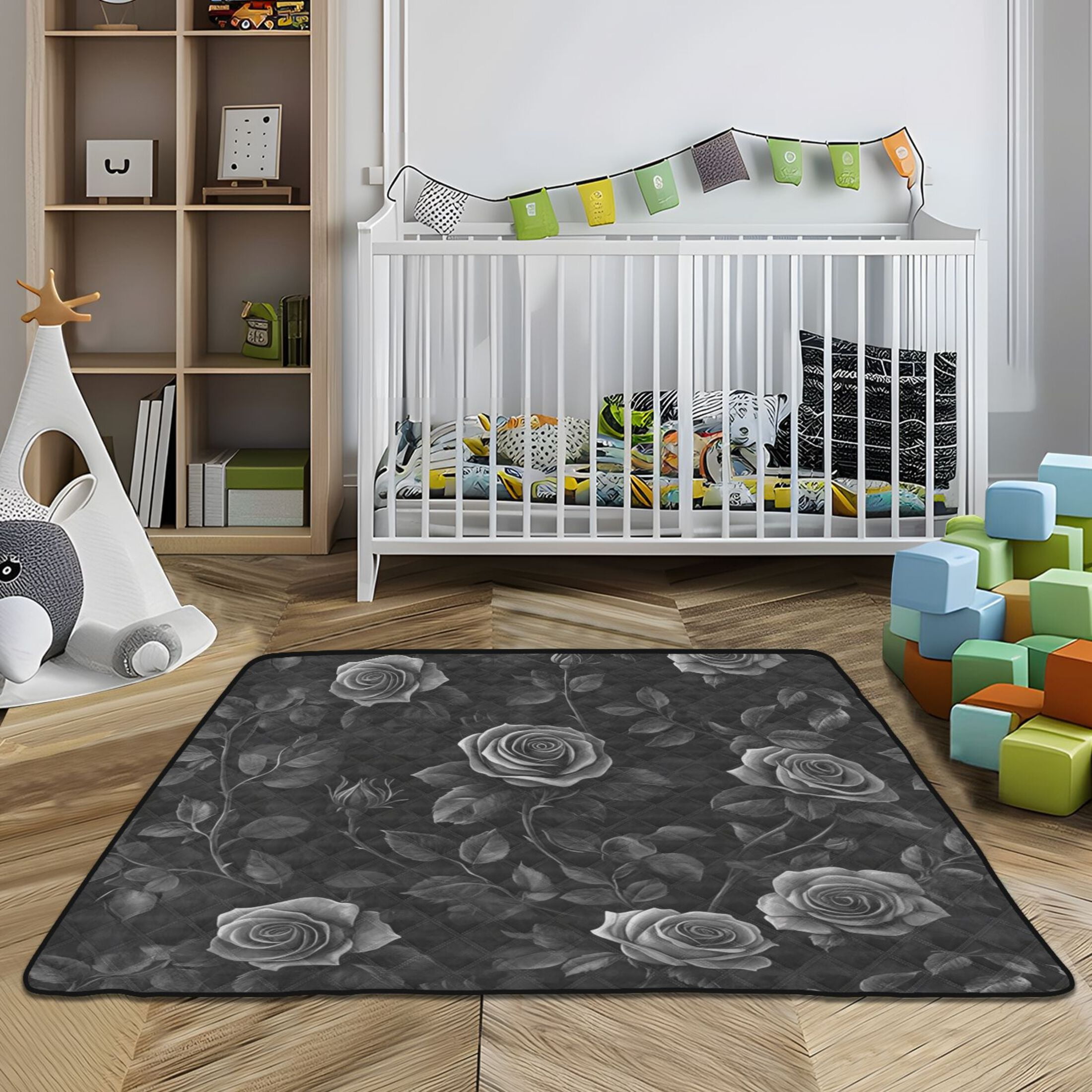 WOBOGO Black Rose Baby Playmats Extra Large Waterproof Rollable Activity Pads for Toddlers 50×50inch
