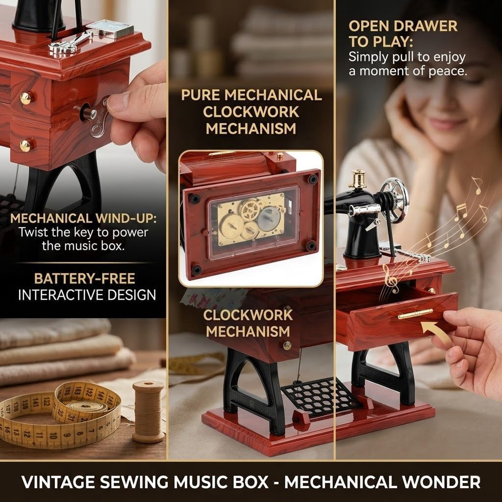 Vintage Mini Sewing Machine Music Box, Musical Sewing Machine, Table Desk Home Decoration, for Mom, Wife, Grandma, Friends, Quilters, Sewing Lovers Christmas Anniversary Birthday Gifts (Large)