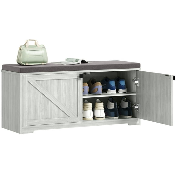 HOMCOM Shoe Bench with Storage, Padded Shoe Organizer, 8 Pairs, Light Grey