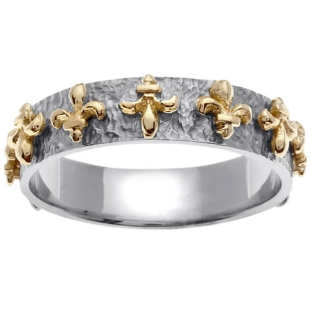- 18K Two Tone Gold Flue de Lis Floral Handmade Comfort Fit Women's Wedding Band (5mm)