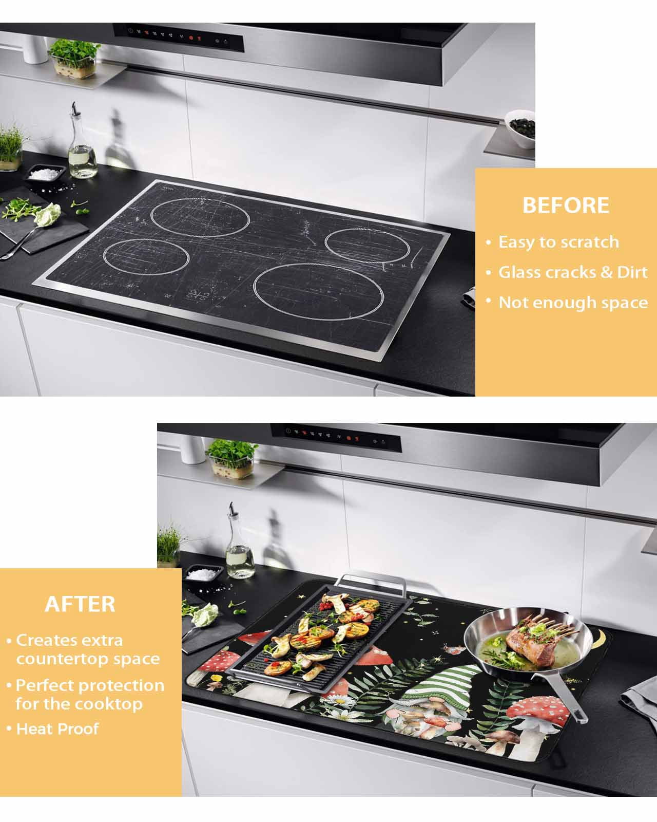 Large Induction Cooktop Protector Mat Mushroom Stove Top Covers for Electric Stove, Botanical Watercolor Gnomes Butterfly Leaf Plant Decorative Stove Burner Cover Mats, Glass Top Stove Cover