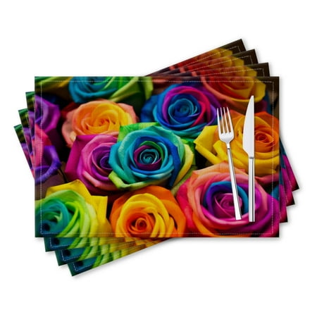

BaHomeck placemats Set of 4 rectangle Linen Cotton Placemats for Dining Table Washable Heat Resistant 18*12inch Vibrant Bouquet Of Rainbow Roses