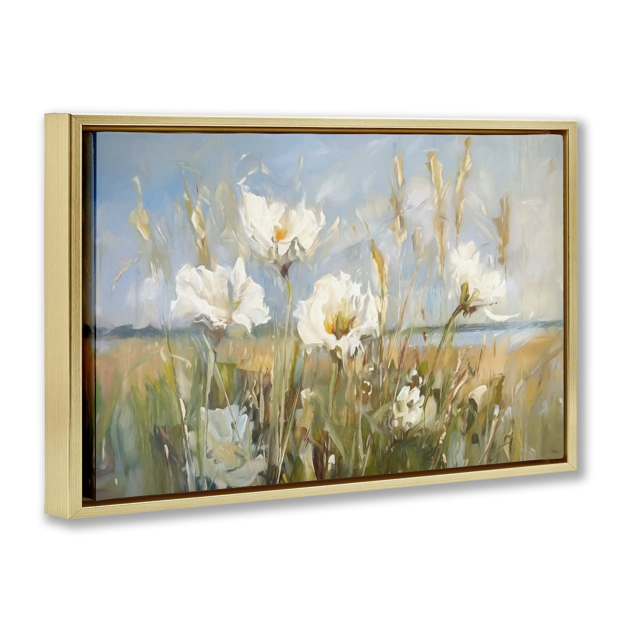 Stupell Industries Soft Seaside Wildflowers Botanical & Floral Painting Gold Floater Framed Art Print Wall Art, 31 x 21
