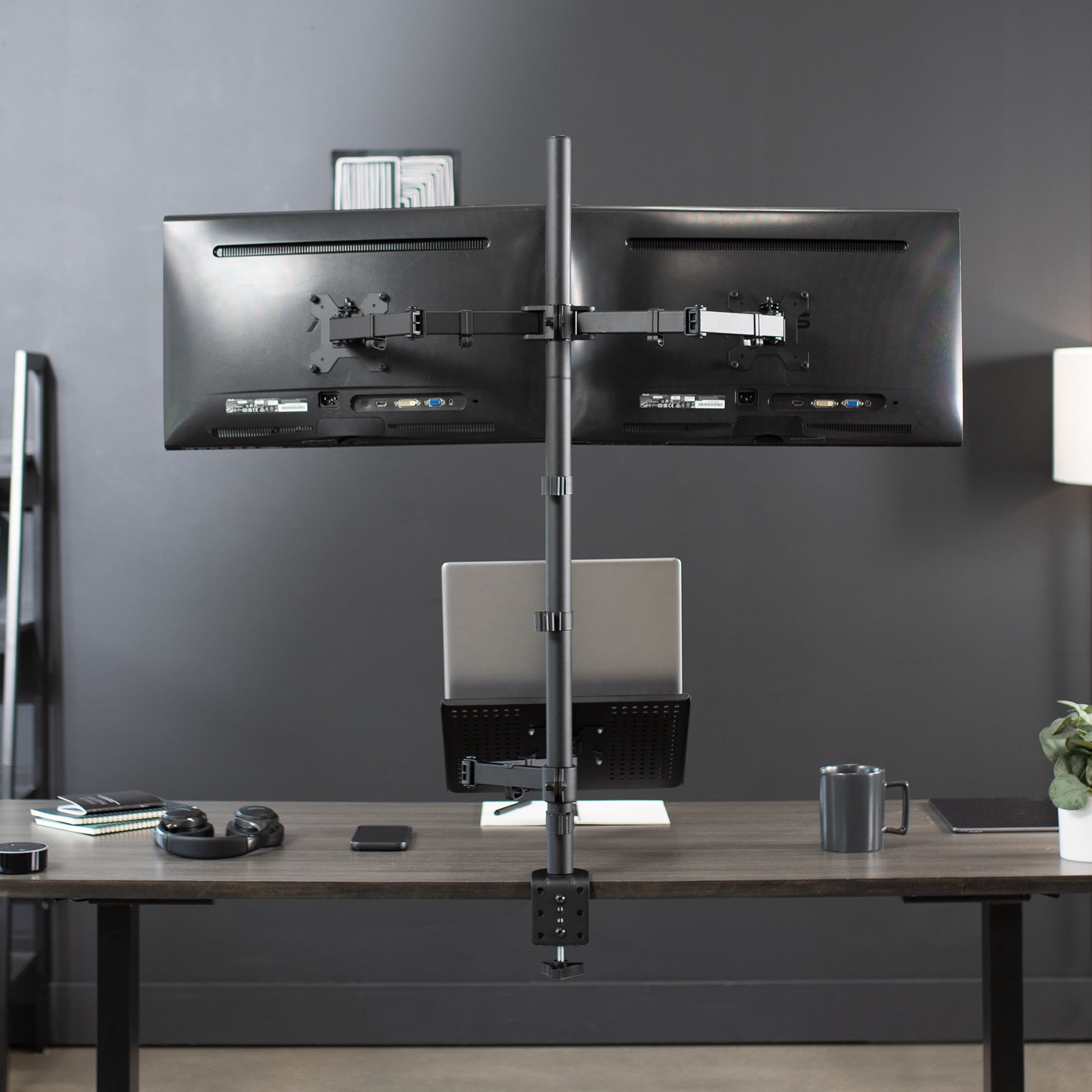 VIVO Dual 13" to 27" Monitor Mount with Laptop Holder, Tall Adjustable Stand