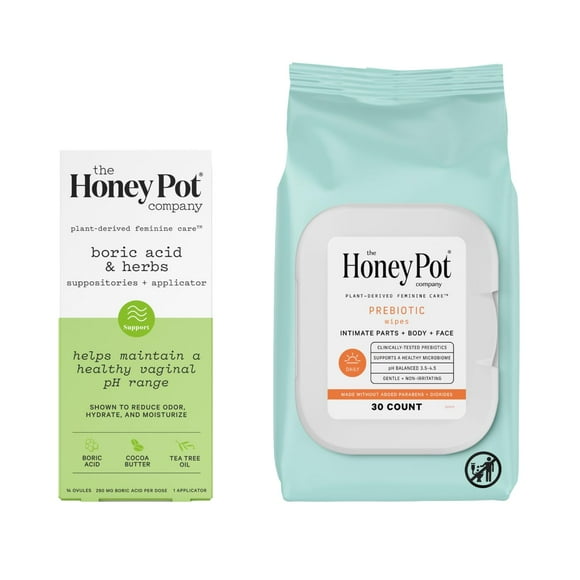 The Honey Pot Company - Suppositories & Prebiotic Feminine Wipes Bundle - Maintains & Balances Healthy Vaginal pH - Herbal Infused Feminine Hygiene Wipes for Sensitive S
