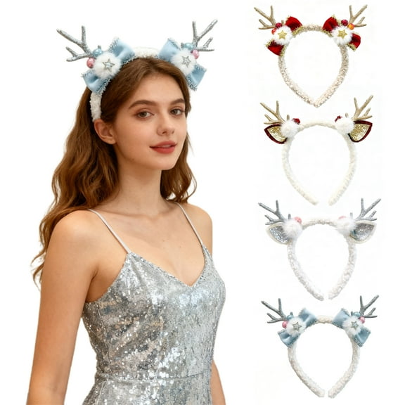 HUEPOE Christmas Headband for Women Fleece Reindeer Antlers Headband with Bow Pompoms for Xmas Party Supplies Halloween Cosplay Accessory