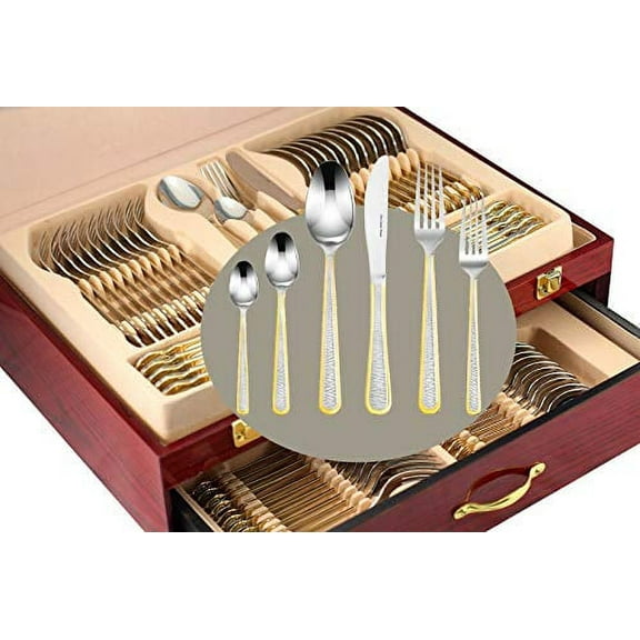 Venezia Collection Gold Flatware Serving Set for 12, 75-Pc Luxury Dining Silverware Cutlery Service, 24 Kt 18/10 Premium Surgical Stainless Steel Hostess Set in a Wooden Storage Case Chest