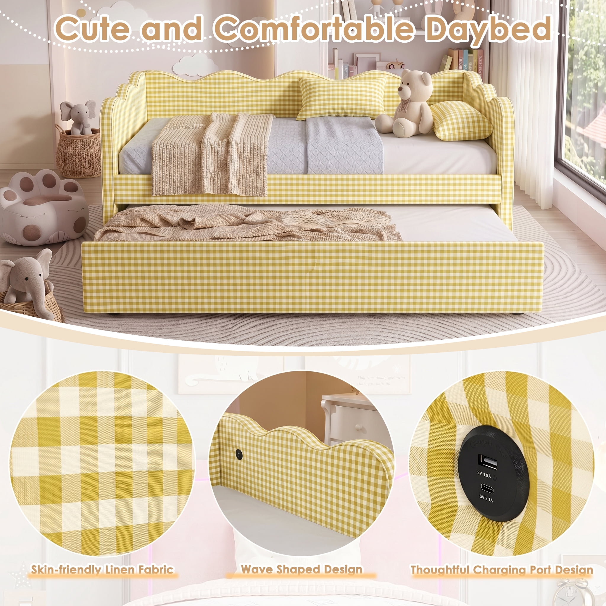 avobird Cozy Gingham Daybed with Trundle Twin Size Sofa Bed for Living Room, Sleeper Sofa with USB Port and Adorable Wave Shaped, Linen Fabric, Yellow