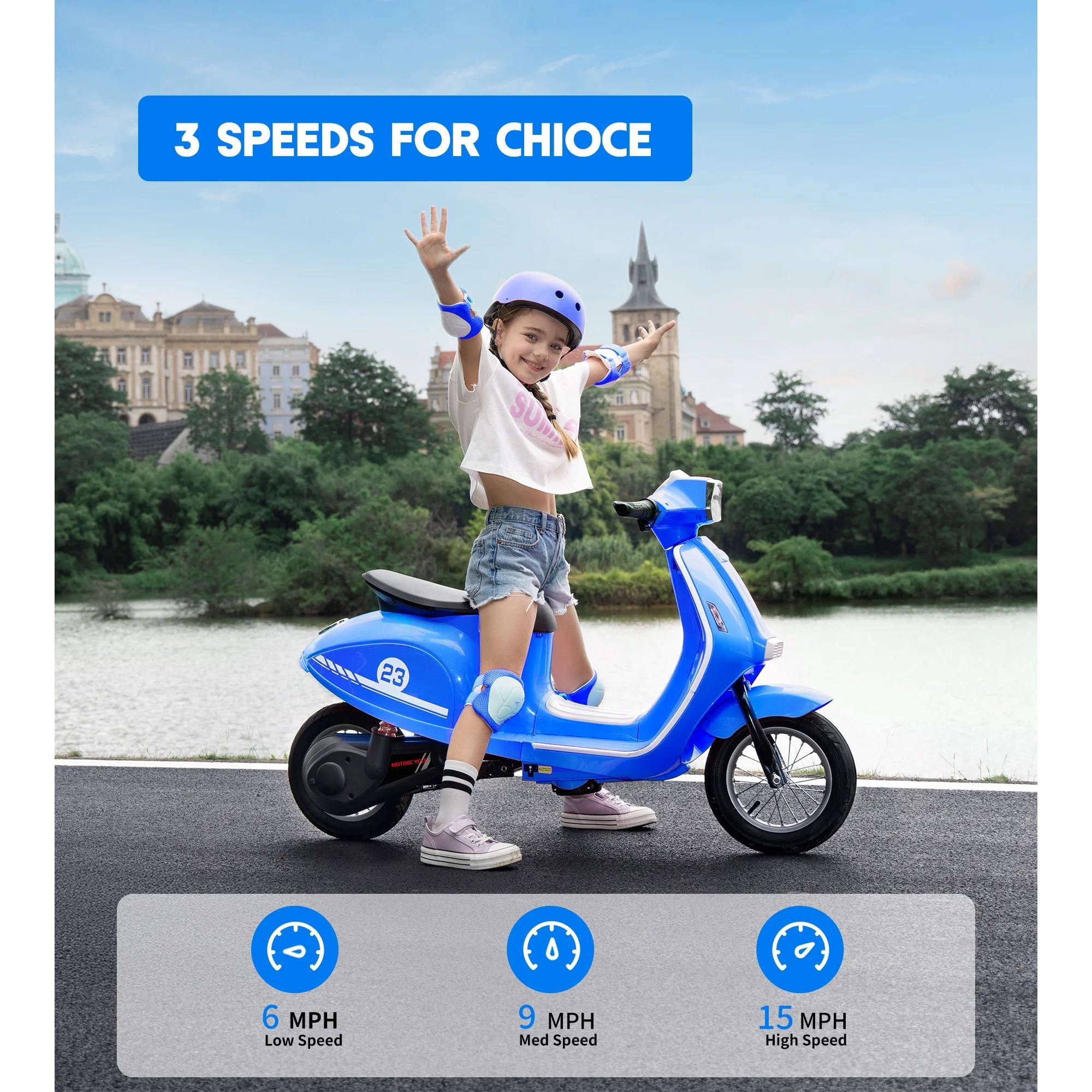 ORFELD 24V Kids Electric Motorcycle,Retro-Style Ride-On Toy for Ages 8-15, 14MPH Max Speed, LED Lights & Music, All-Terrain Tires,Blue