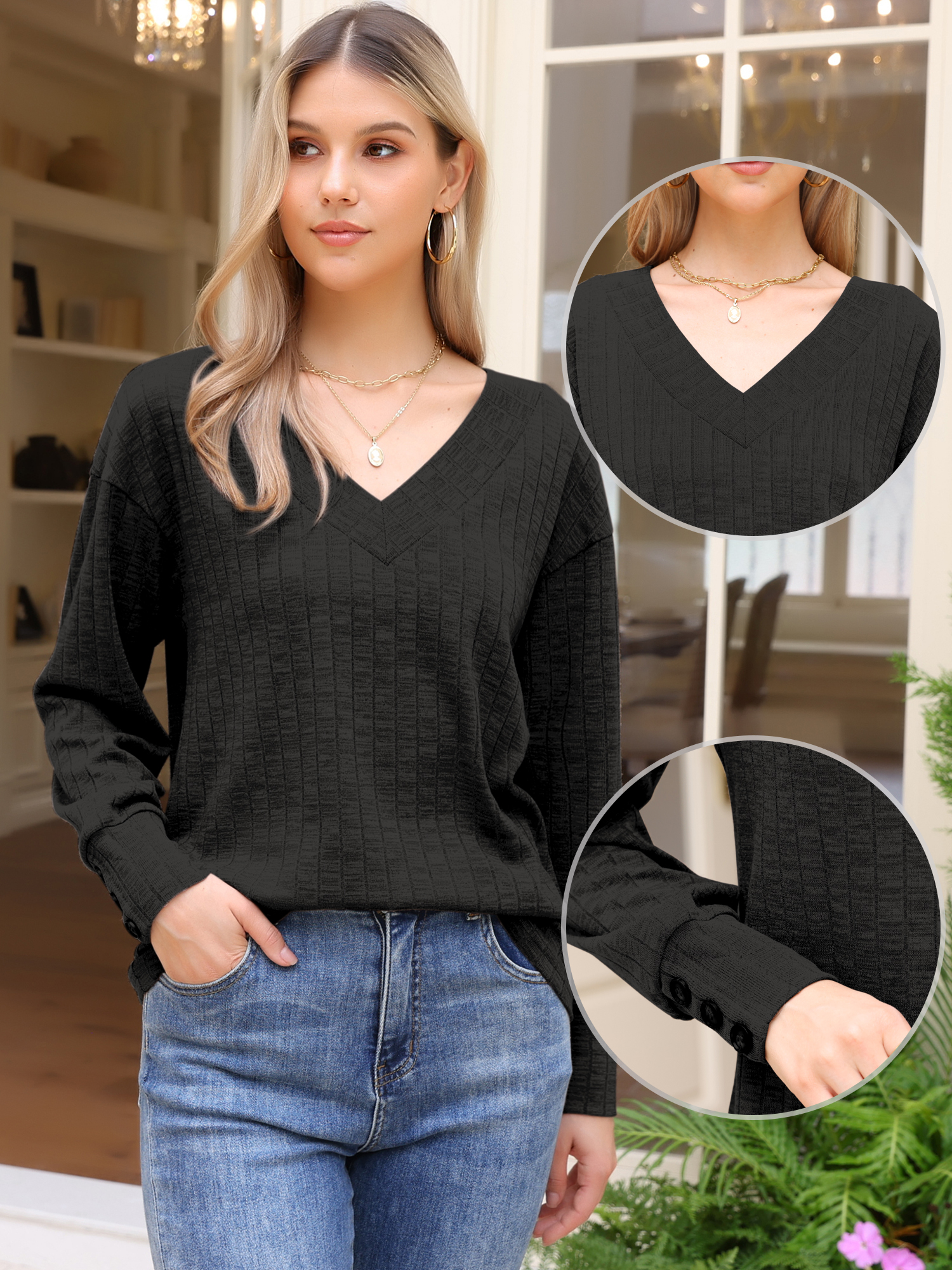 DARING DIVA Women's V Neck Long Sleeve Casual Knit Tunic Sweater XS Black
