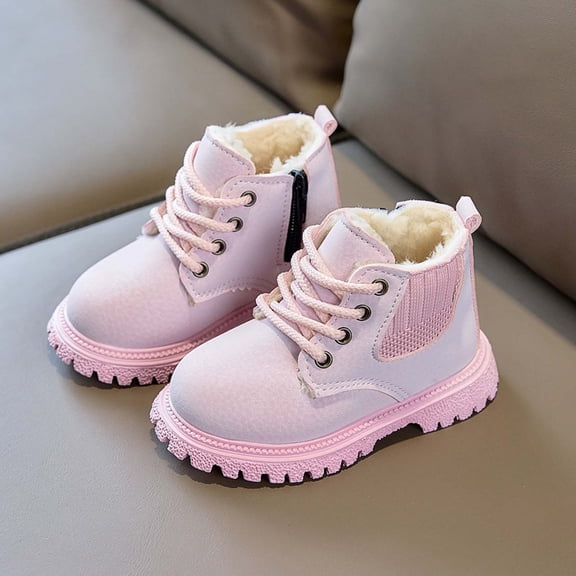 BXJX Girls Ankle Boots, Warm Fleece‑Lined Outdoor Non-slip Lace‑Up Boots Pink Size 12 Little Kids