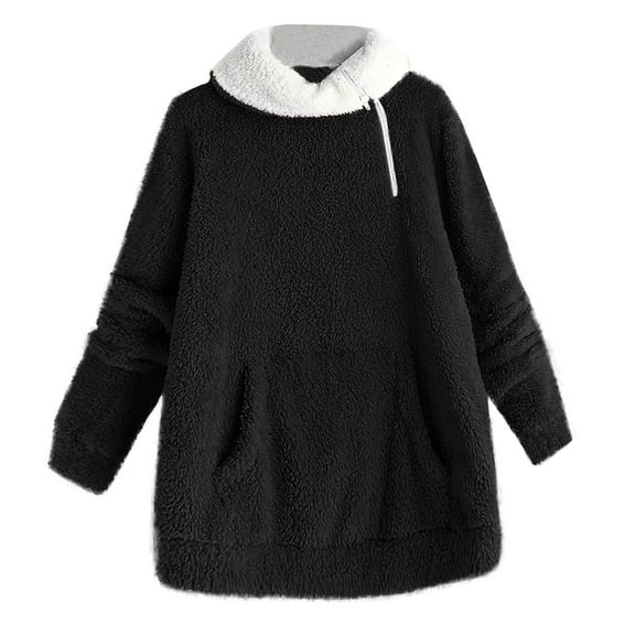 qucoqpe Women's Warm Fuzzy Fleece Pullover Hoodie Trend Comfortable Loose Pocket Long Sleeved Sweatshirts Winter Casual Zip Collar Blouse Top