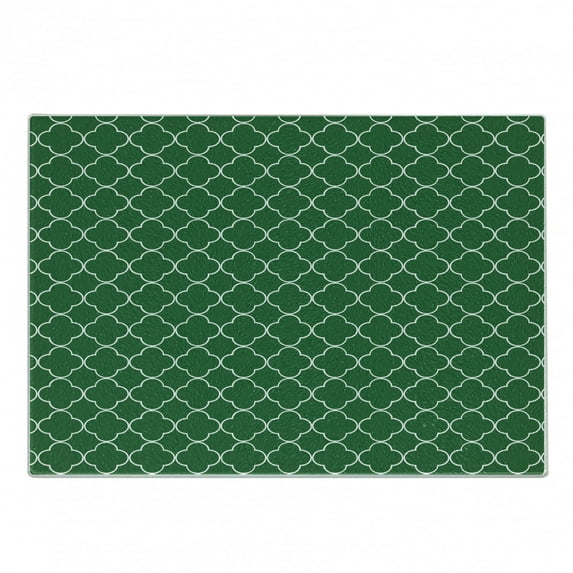 Quatrefoil Cutting Board, 4 Leaf Clover Flower on Moroccan Trellis Mosaic Pattern Traditional Digital Print, Decorative Tempered Glass Cutting and Serving Board, Small Size, Green, by Ambesonne