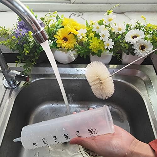 Stainless Steel Soda Bottle Cleaning Brush in Natural Boar Bristle Wool Tip, Long Handle, Flexible Bendable Thick Wire Cleaner for Narrow Neck Water Baby Bottles Straw Pipe Tube Flask (Round)