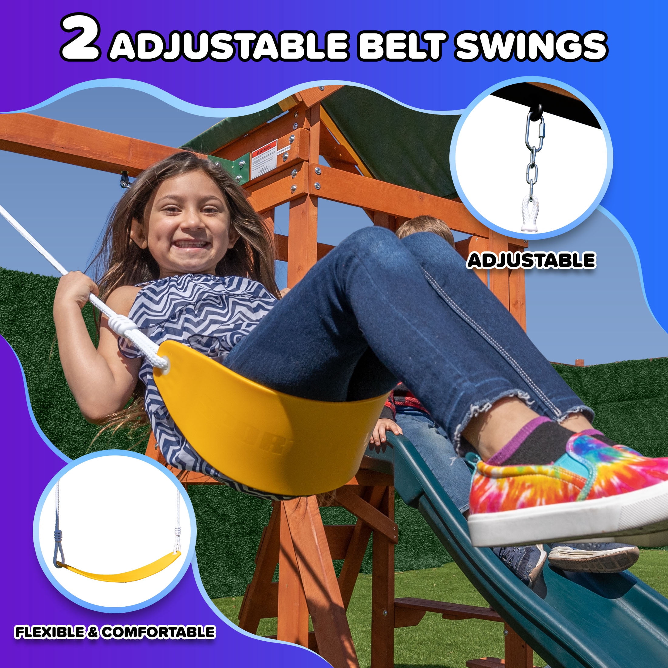 Sportspower Scottsdale Wood Swing Set with 2 Adjustable Belt Swings, Play Fort with Sandbox, Rock Climber, & Covered Deck, and 6-FT Slide, BONUS Anchor Kit Included, for Kids Aged 3-8