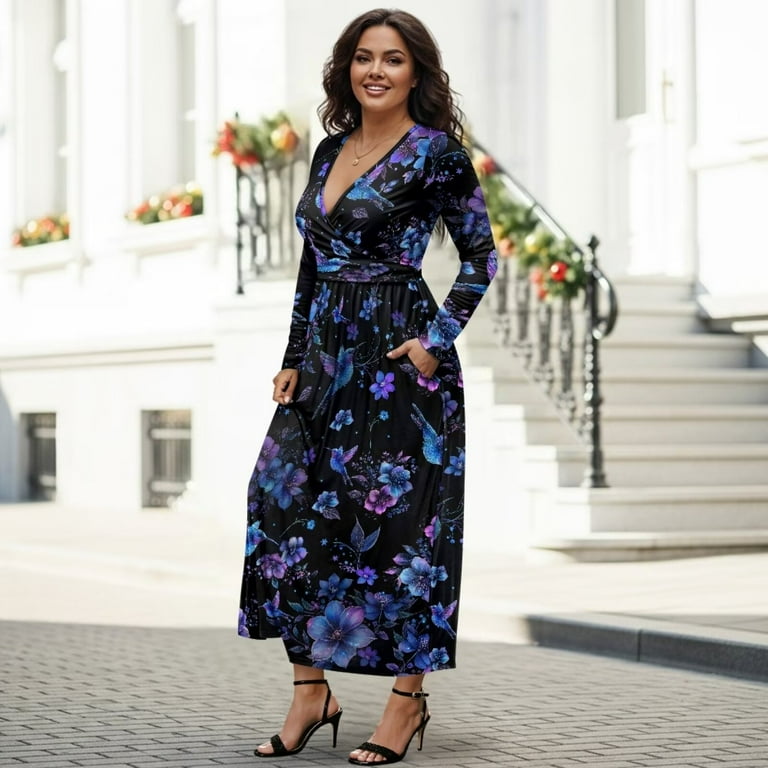 FKELYI Womens Fall Dress with Pockets Purple Blue Floral