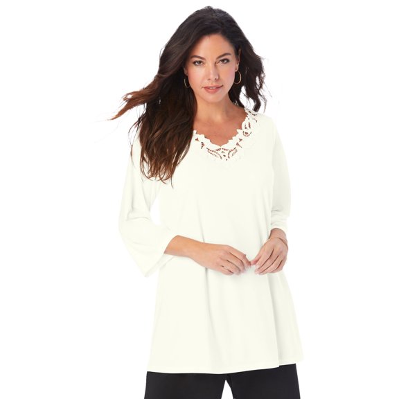 Roaman's Women's Plus Size Lace V-Neck Ultrasmooth Fabric Top