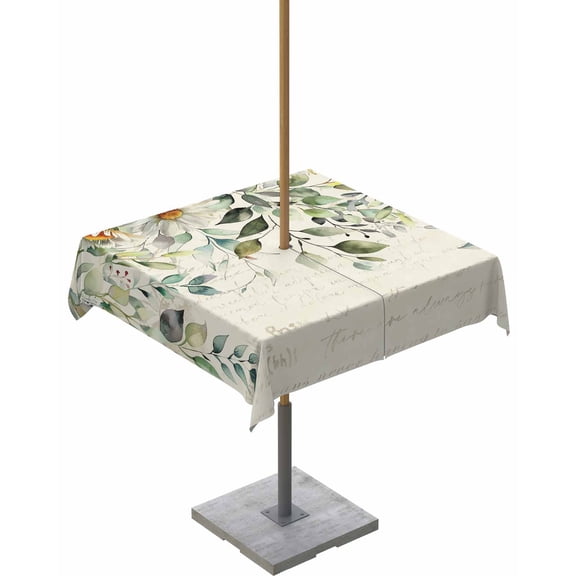 Boanket Outdoor Tablecloth with Umbrella Hole for Patio/Picnic/Party/Camping, White Daisy Waterproof Table Cloth Square Cover Washable, Spring Floral Eucalyptus Leaves Summer Botanical (60"x 60")