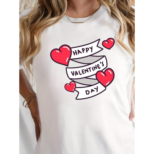 Camiseta básica para mujer veranoLarge Size Women'S Valentine'S Day T-shirt-Soft and Comfortable, Crew Neck, Short Sleeve| Casual SolCamisetas de verano para mujer, manga corta, cuello redondo, casu