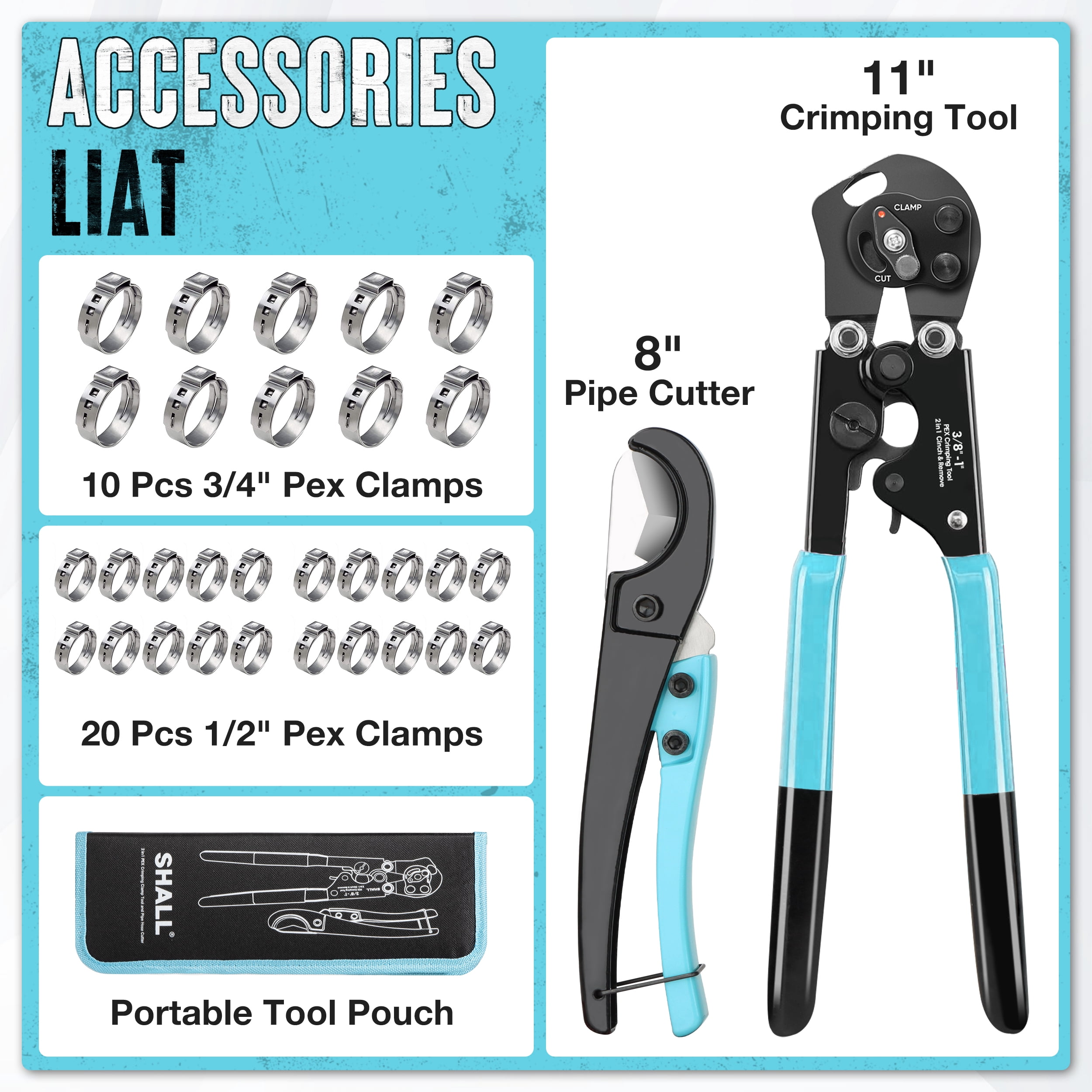 SHALL 2 IN 1 Ratchet Pex Crimping Tool, Cinch & Remove Pex Crimp Tool Kit for 3/8" to 1", Pex Crimper with Pipe Cutter and Stainless Steel Clamps Including 1/2" 20PCS , 3/4" 10PCS with Storage Bag