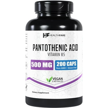 Healthfare Pantothenic Acid (Vitamin B5) 500mg | 200 Capsules | Supports Energy Levels, Skin & Hair Health | Non-GMO | Made in The USA
