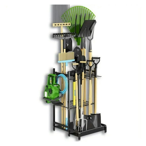 Heavy Duty Garden Tool Organizer Rack with – Metal Yard Storage Stand for Long-Handled Tools Brooms Shovels Rakes – Durable Outdoor Tool Holder in Black for Garage Shed or Store Display