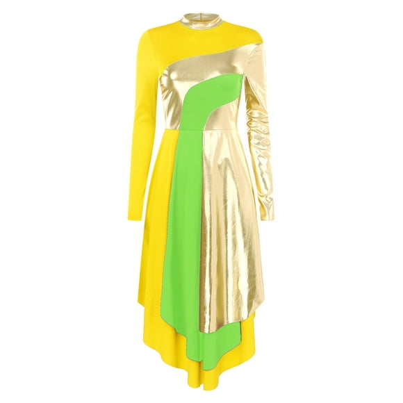 inhzoy Liturgical Dancewear for Women Long Sleeve Contemporary Dance Costumes Asymmetrical Praise Dance Dresses F1199Yellow S