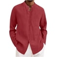 thumbnail image 3 of Swuxness Mens Solid Color Linen Long Sleeve Top Button Closure Stand Collar Casual Fashion Shirt, 3 of 5