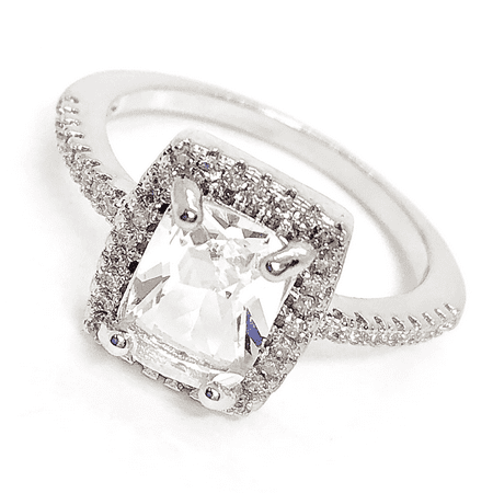 Emerald Cut Glass - CLEARANCE - Bonne Vie Radiant Emerald Cut White Zirconia Halo Ring 4.5 / Diamond White