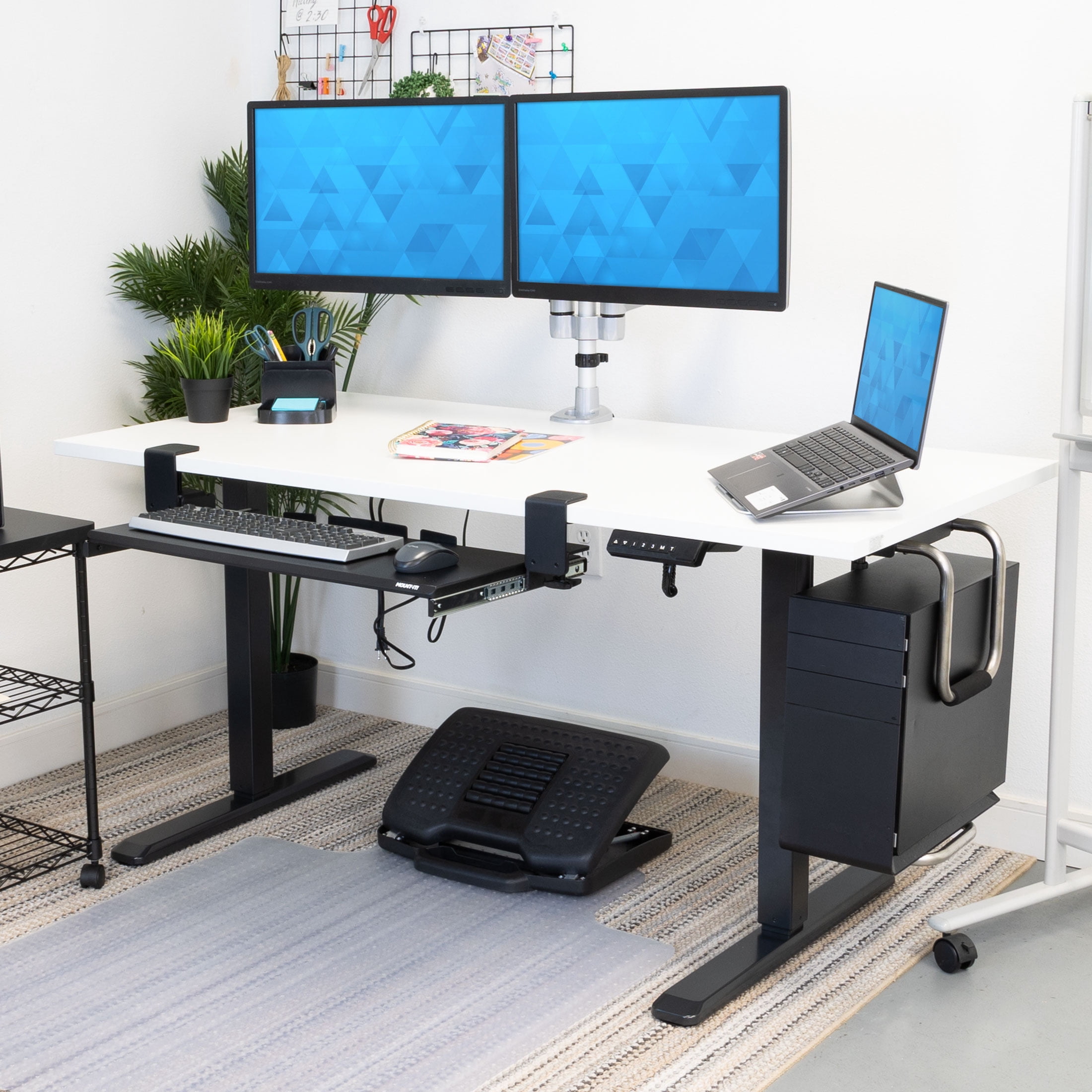 Mount-It! Electric Sit-Stand Black Desk Frame with Extra-Wide White Tabletop