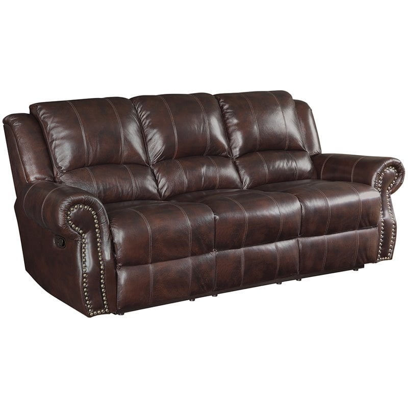 Bowery Hill Leather Reclining Sofa With Nailhead Trim In Brown Com Bowery Hill Leather Reclining Sofa With, Nailhead Leather Sofa Recliner
