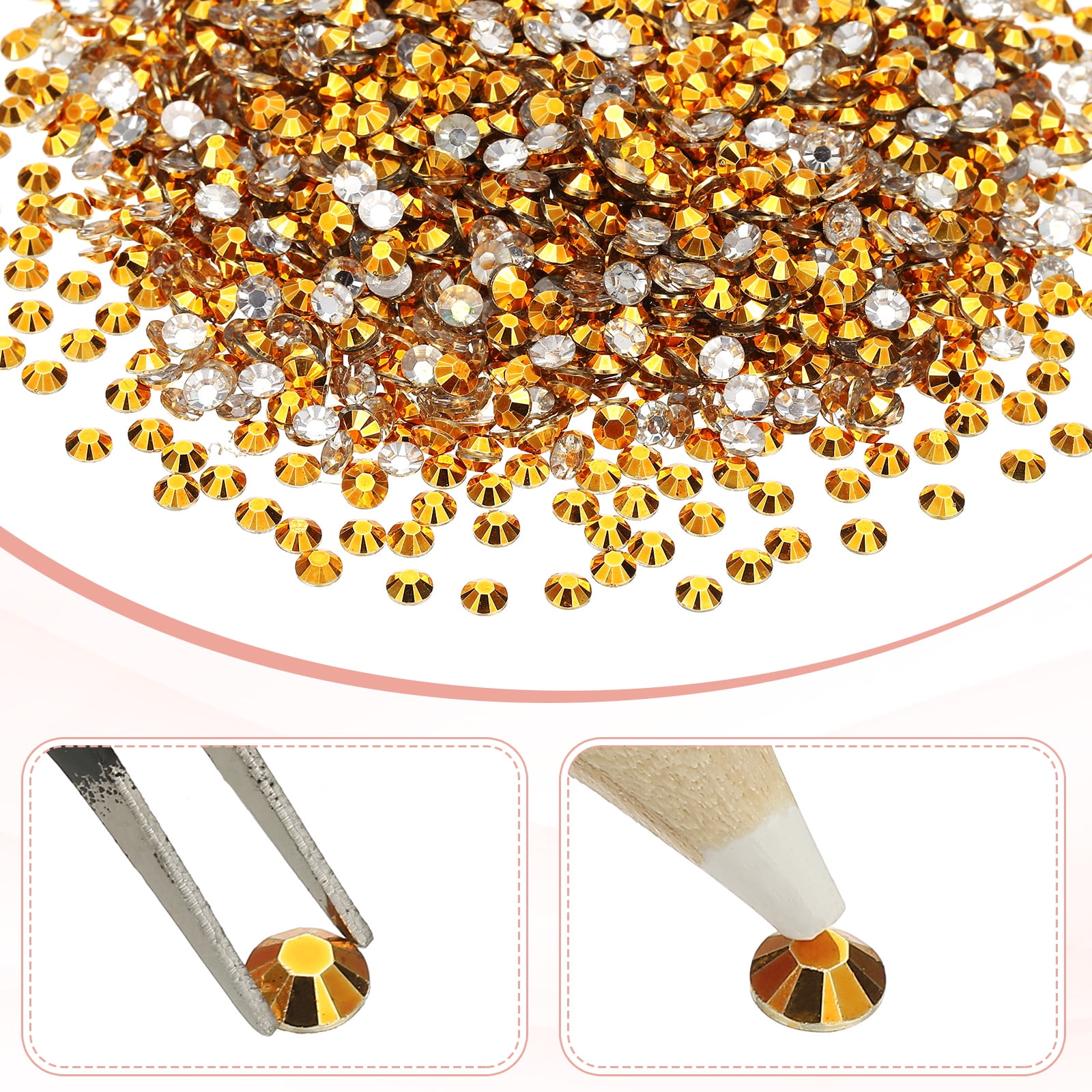 1-Set Resin Flatback Rhinestone, 3mm Flat Back Rhinestones Crystals Bulk for Crafts/Clothes/Nail Decoration, 50000 Pack with 1 Wax Pen and 1 Tweezer [Gold Tone]